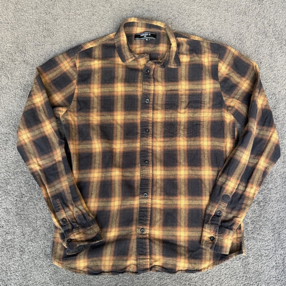 Forever 21 Men Plaid Flannel Button Down Shirt Brown Orange XS Long Sleeve